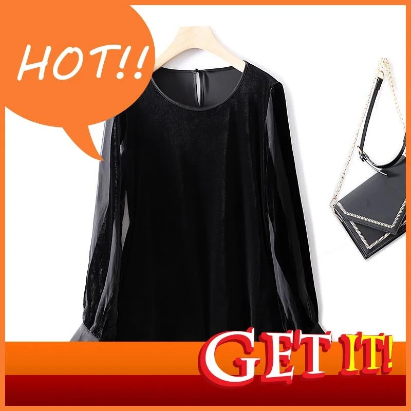 

2023 SAMGPILEE Spring And Autumn Gold Velvet Stitching Hollow Gauze Lantern Sleeve Round Neck Black Female Oversized T-shirt
