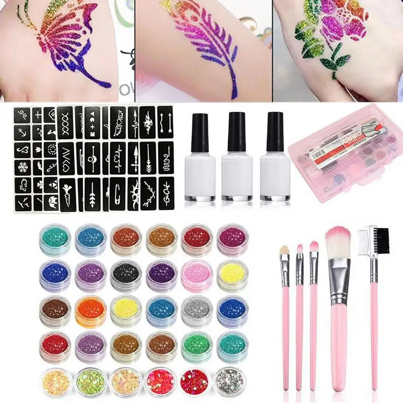 

30 Colors Diamond Flash Glitter Powder Template Tattoo Set 60 Flash Template Set For Adult Kids Face Body Art Painting Makeup