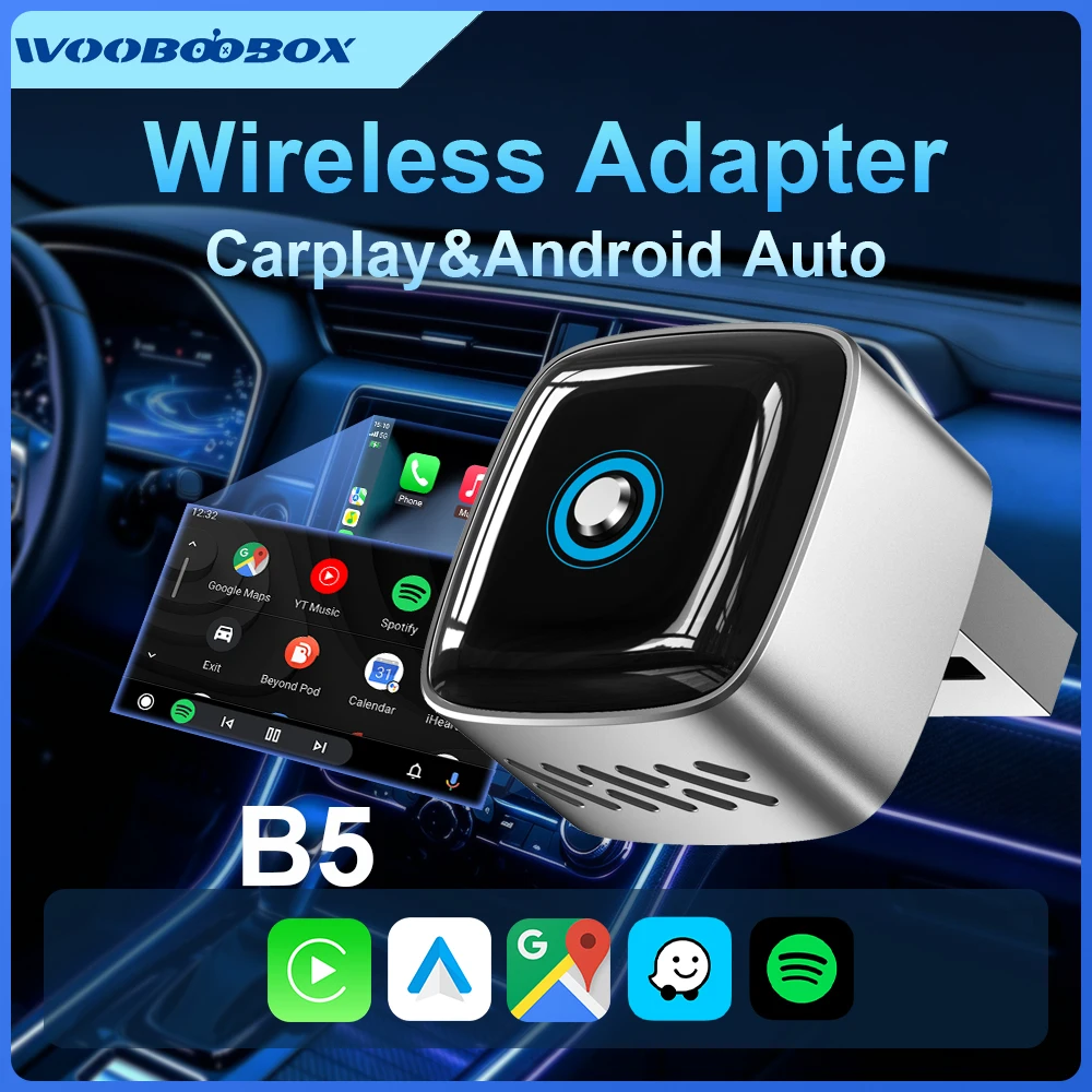 Фото Беспроводной адаптер Android Auto CarPlay с кнопкой, мини-бокс с USB-разъемом, Bluetooth, Wi-Fi, AI-бокс для iPhone и Android, B5 Wooboobox №1