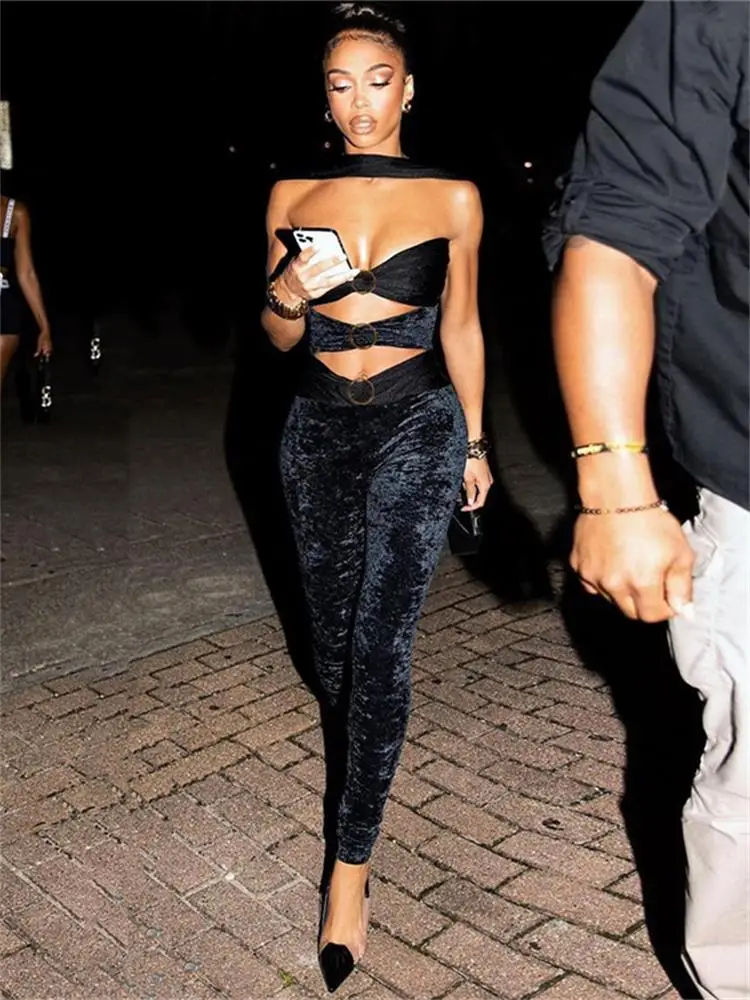 

FQLWL Summer Sexy Two Pieces Set Women Outfits 2022 Sleeveless Halter Hollow Out Crop Top Skinny Pants Black Party Matching Sets