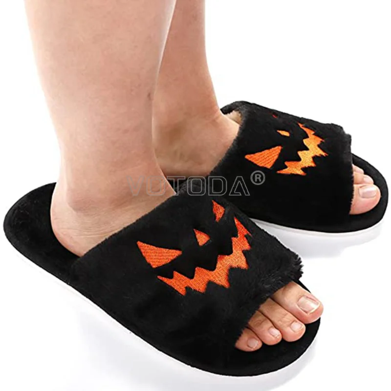 Women Halloween Pumpkin Slippers Soft Plush Flip Flop House Indoor Shoes Warm Home Slippers Winter Female Fur Slides Girls gift