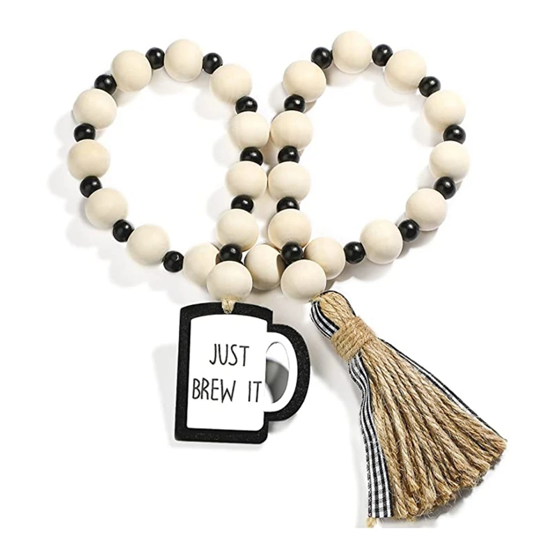 

Wooden Bead Garland With Tassels, Farmhouse Tiered Trays To Decorate Kitchen Walls, Antique Coffee Bars And Home Decor