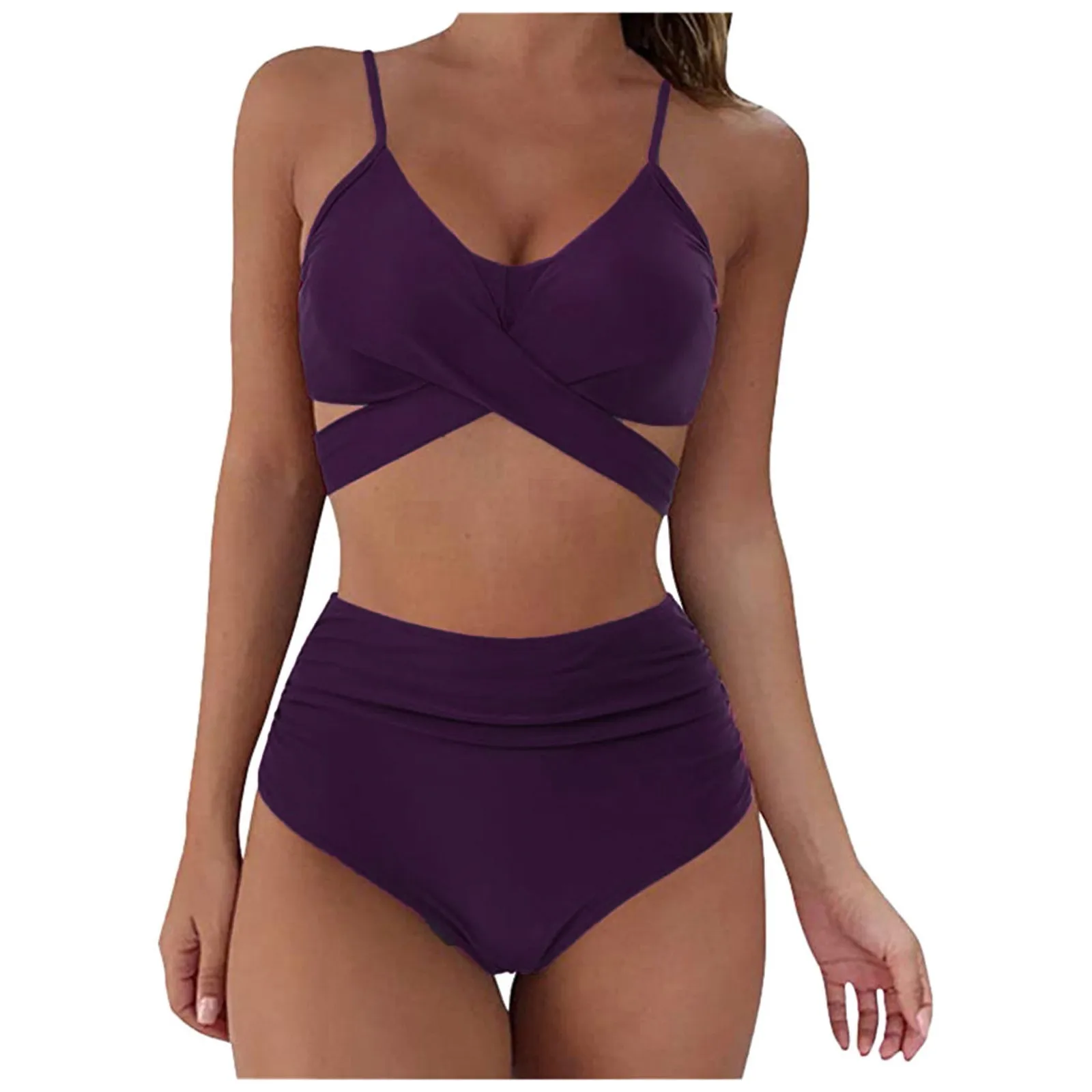 

Женское пикантное бикини, летняя однотонная пляжная одежда пуш-ап из двух частей с разрезом и высокой талией, костюм для плавания, женский к...