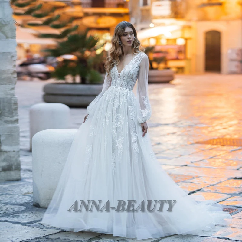 

Anna Full Sleeve Illusion Wedding Dresses For Women Boho O Neck Appliques Tulle Button Sweep Train Vestidos De Novia Brautmode