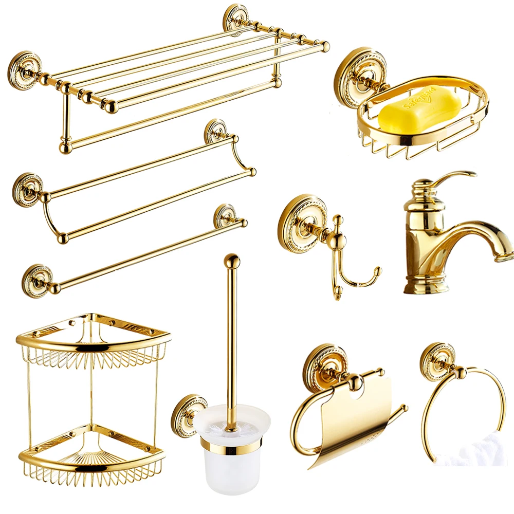 

Shiny Brass Gold paper towel rack european bathroom pendant suit Bath accessories creative robe hook double shower shelves