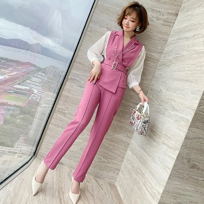 

Women 2022 Spring Autumn New 2 Piece Sets Female Long Sleeve Patchwork Jackets + High Waist Straight Trousers Ladies Suits H149