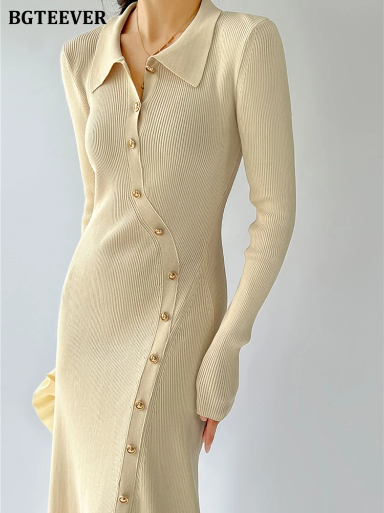 

BGTEEVER Elegant Turn-down Collar Ladies Knitted Bodycon Dress Long Sleeve Slim Female Single-breasted Women Sweater Dresses