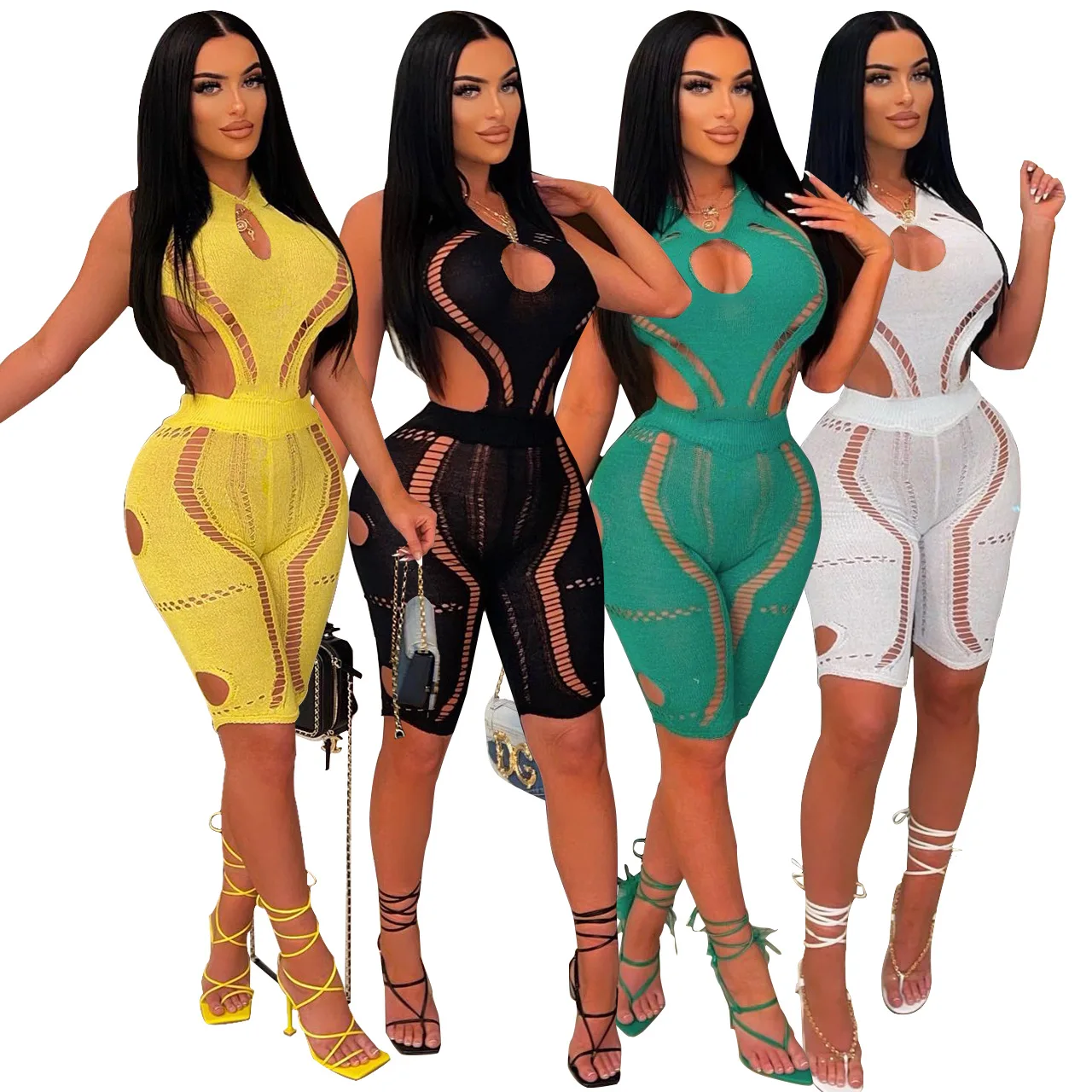 

Hottest Hollow Out Knitting Women Jumpsuit Shorts INS Summer Holes Sleeveless Sexy Nightclub Party Bodysuit Wholesale