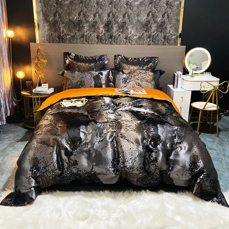 

Luxury Black/Gold Jacquard And Egyptian Cotton Bedding Satin Silky Quilt/Duvet Cover Set Bedlinen Fitted Sheet Pillowcases