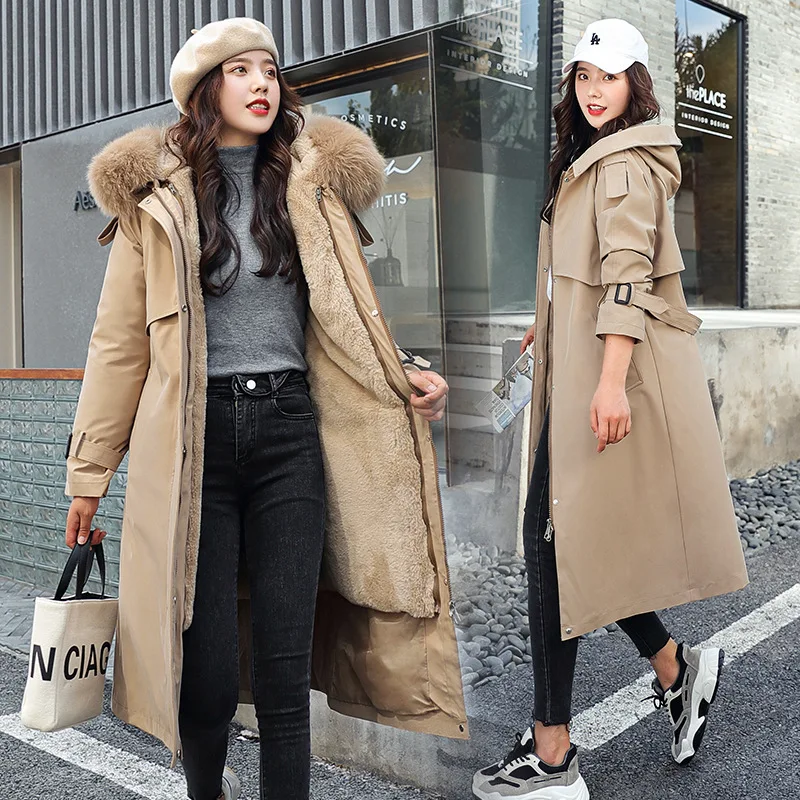 Korean Fashion Long Coat Women Winter Parkas Jacket Wool Liner Hooded Parkas With Fur Collar Warm Snow Wear Padded Clothes