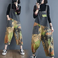 spring women denim jumpsuit korean version all matched overalls graffiti printed casual female pants strappy romper oversized