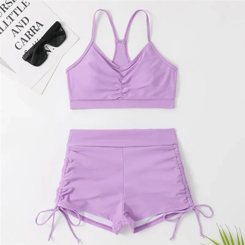 Комплект бикини с завязками купальник женские фиолетовые шорты высокой талией