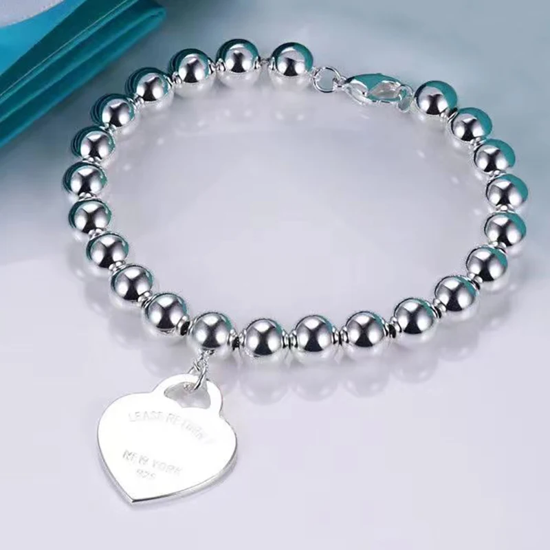 

S925 sterling silver fashion green red pink heart-shaped 8MM bead bracelet women's luxury jewelry Christmas Valentine's Day gift