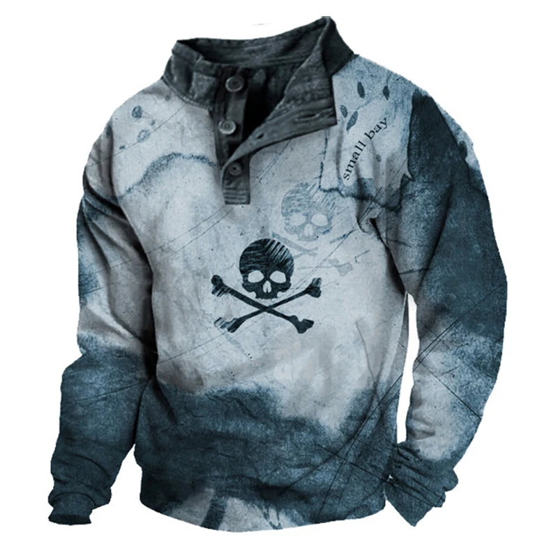 

New Autumn Long Sleeve Men's T-shirts Tops Vintage Skull Print Stand Collar Button Loose Pullover Tee Shirts For Men Streetwear