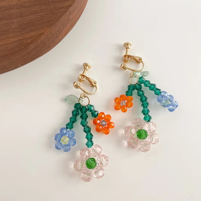 

Korean Earrings Crystal Woven Flower Earrings Rice Bead Flowers Clip On Earrings Fake Piercing Korean Fashion Earrings Jewelry