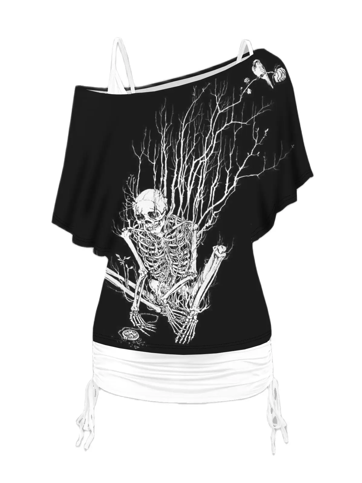 

Dressfo Готический топ с черепом, Хэллоуин, скелет, принт, косые плечи, футболка и с рюшами, топ, повседневные женские футболки