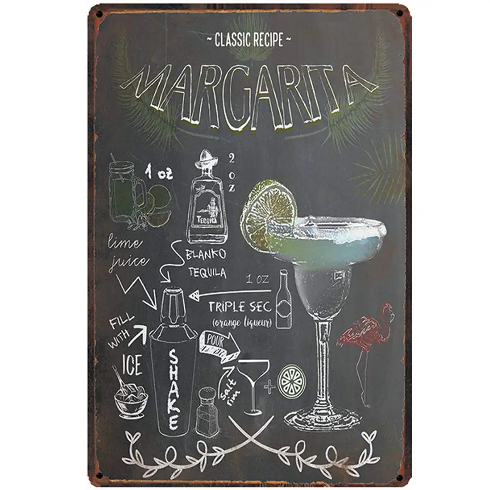 

Retro Design Classic Cocktail Recipe Margarita Tin Metal Signs Wall Art | Thick Tinplate Print Poster Wall Decoration for Bar/M
