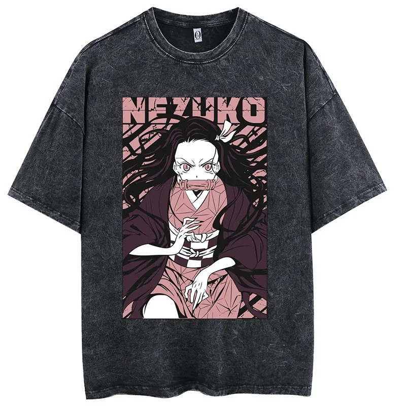 

Anime Demon Slayer Acid Wash T Shirt 100% Cotton Short Sleeves Tops Summer Hip Hop Vintage Manga Graphic Print Fashion Tees