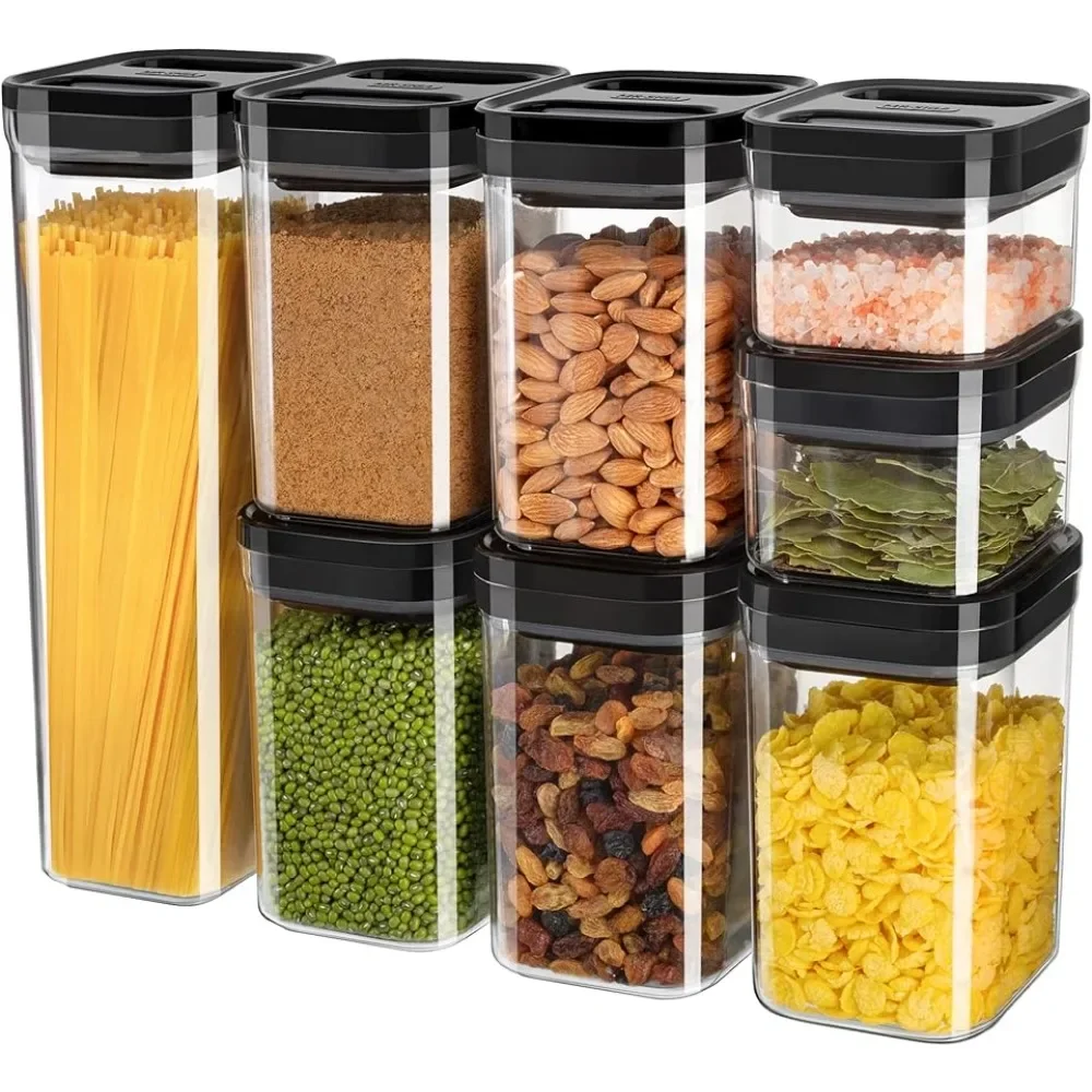

Kitchen Pantry Organization Canisters, One-Handed Airtight Plastic Containers with Lids for Cereal, Spaghetti, Pasta, Black