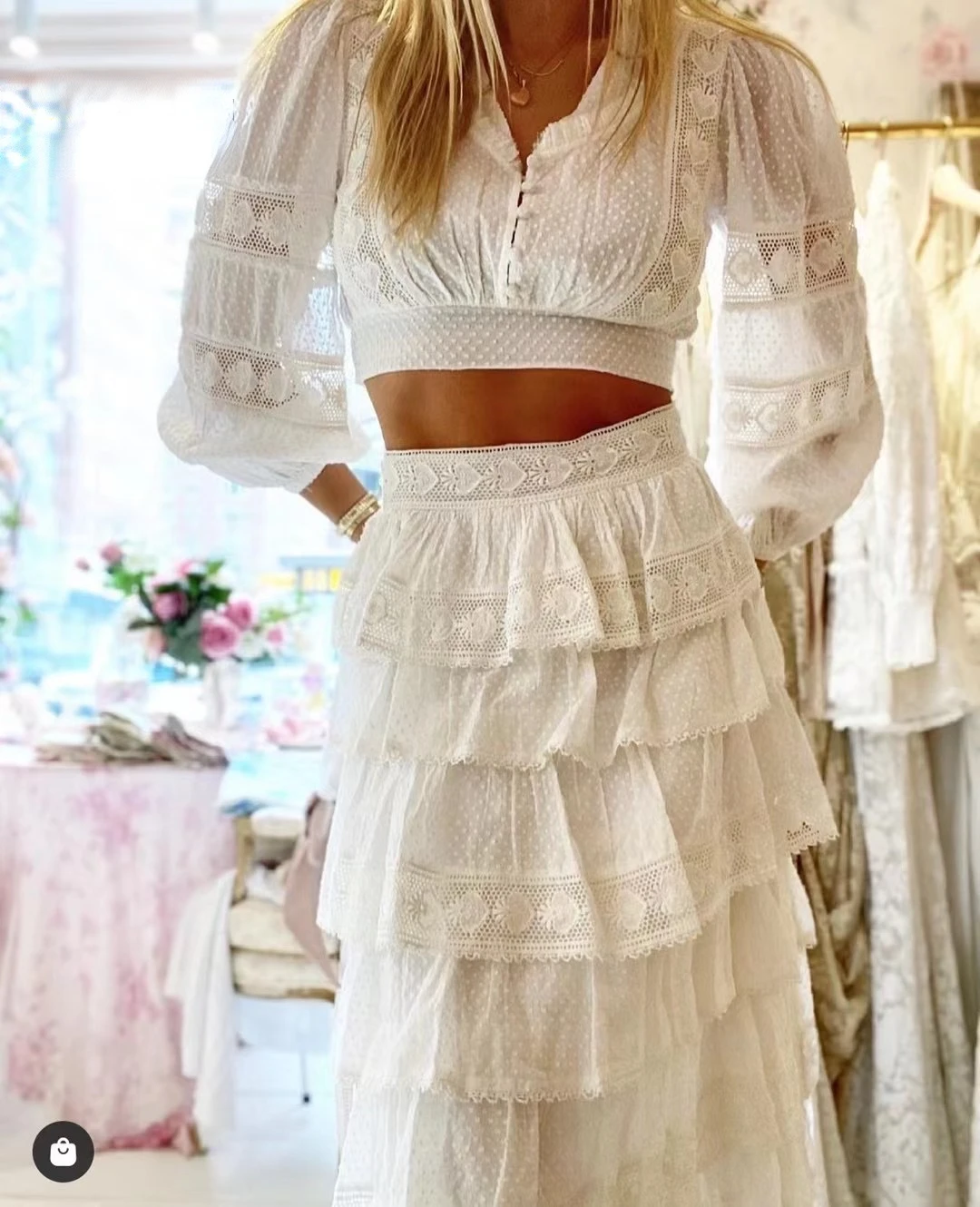 

Women Tierred Lace Embroidery Multi-layer Ruffles A-line Cake Long Skirt