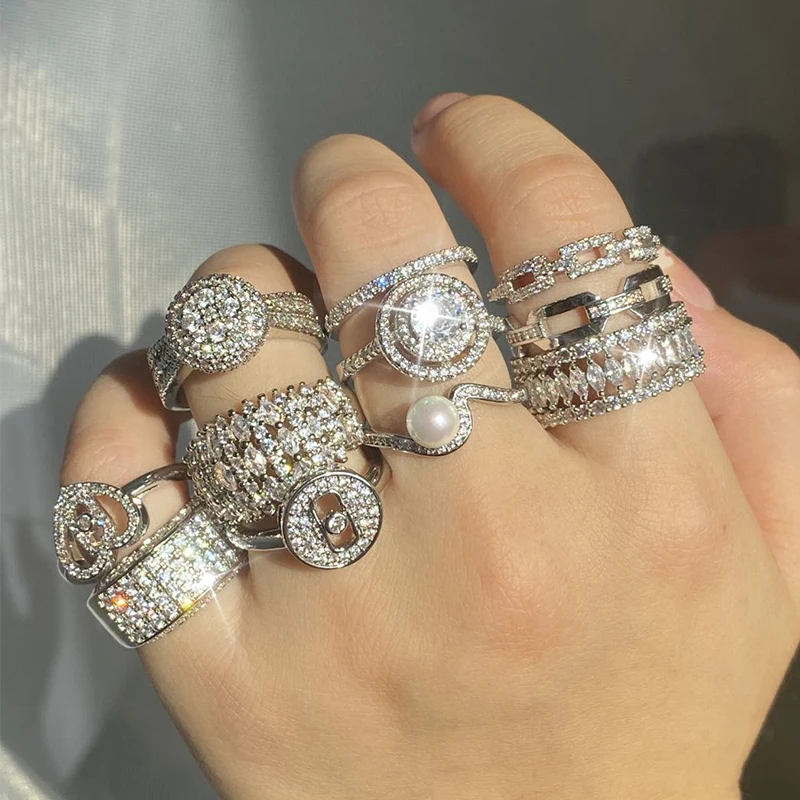 

Uilz Luxury Zircon Thread Chain Rings for Women Cuban Chain Crystal Lovers Ring Birthday Party Gift Jewelry Accessories 2022