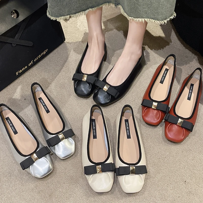 

Elegant Ribbon Bowknot Ballet Flat Woman Brand Design Round Toe Soft Leatherette Ballerina Shoes Ladies Pleated Shallow Loafers