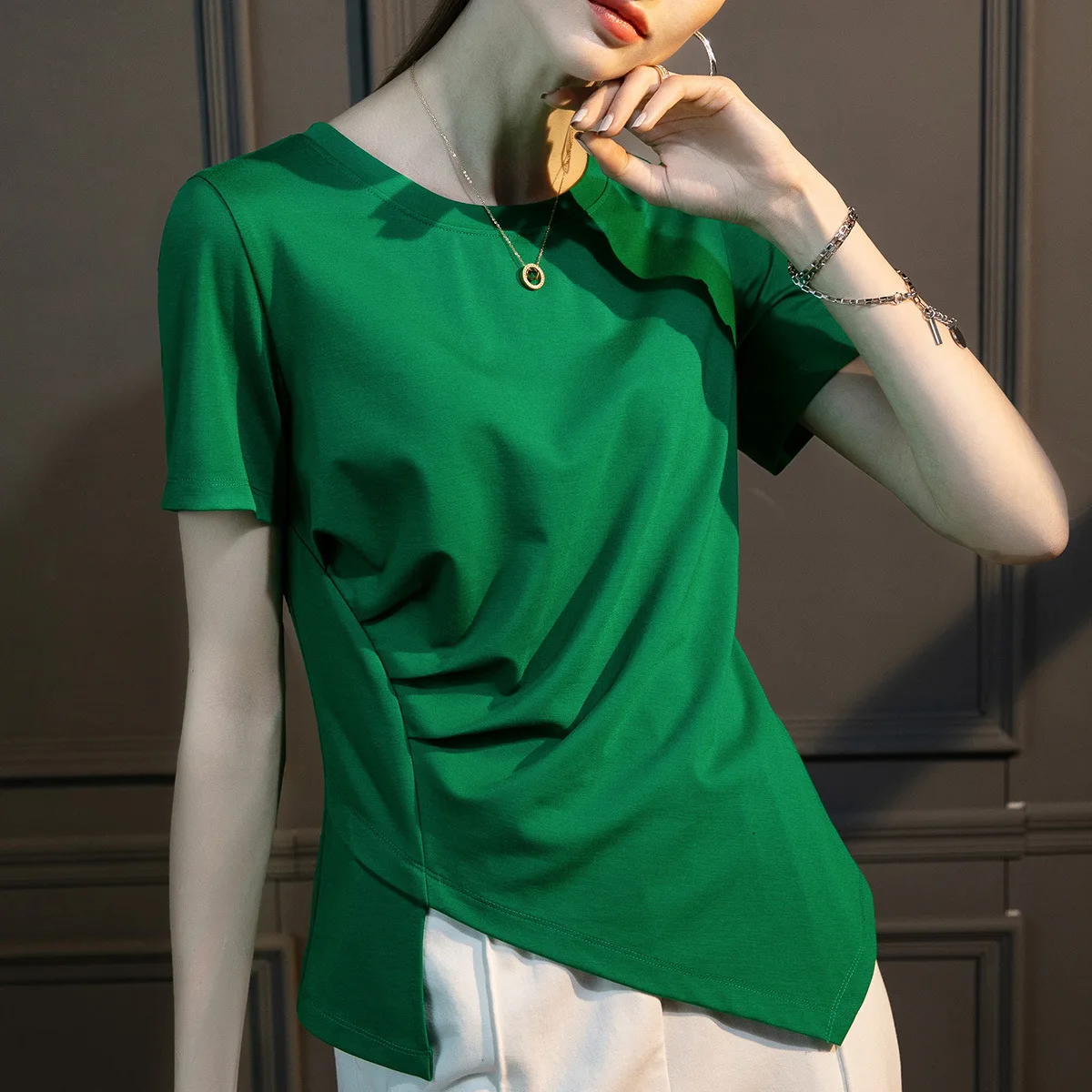 

2022 NEW FASHION WOMEN 2022 Round Neck 100% Cotton Women's Top Solid Color Casual Short Sleeves