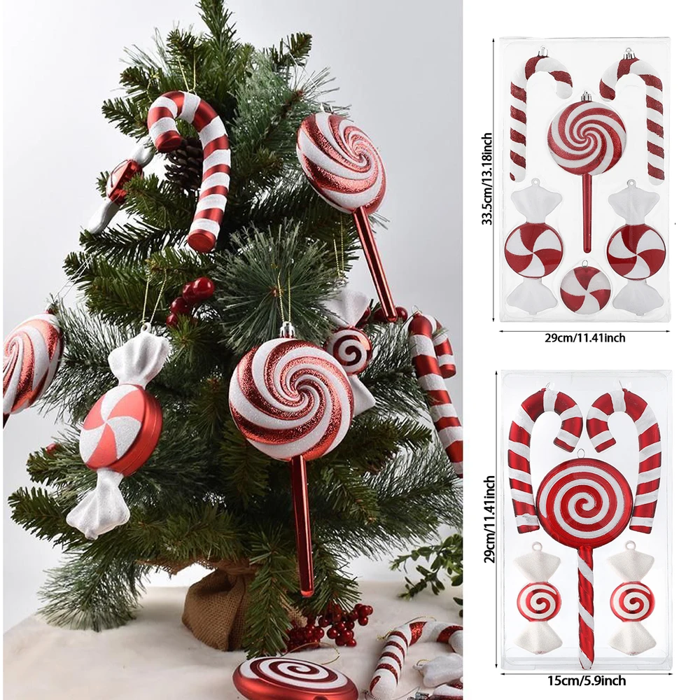 New Christmas Tree Ornaments Set Hanging Candy Cane Xmas Children's Gift Red and White Candy Crutches Shape Pendant Navidad 2022