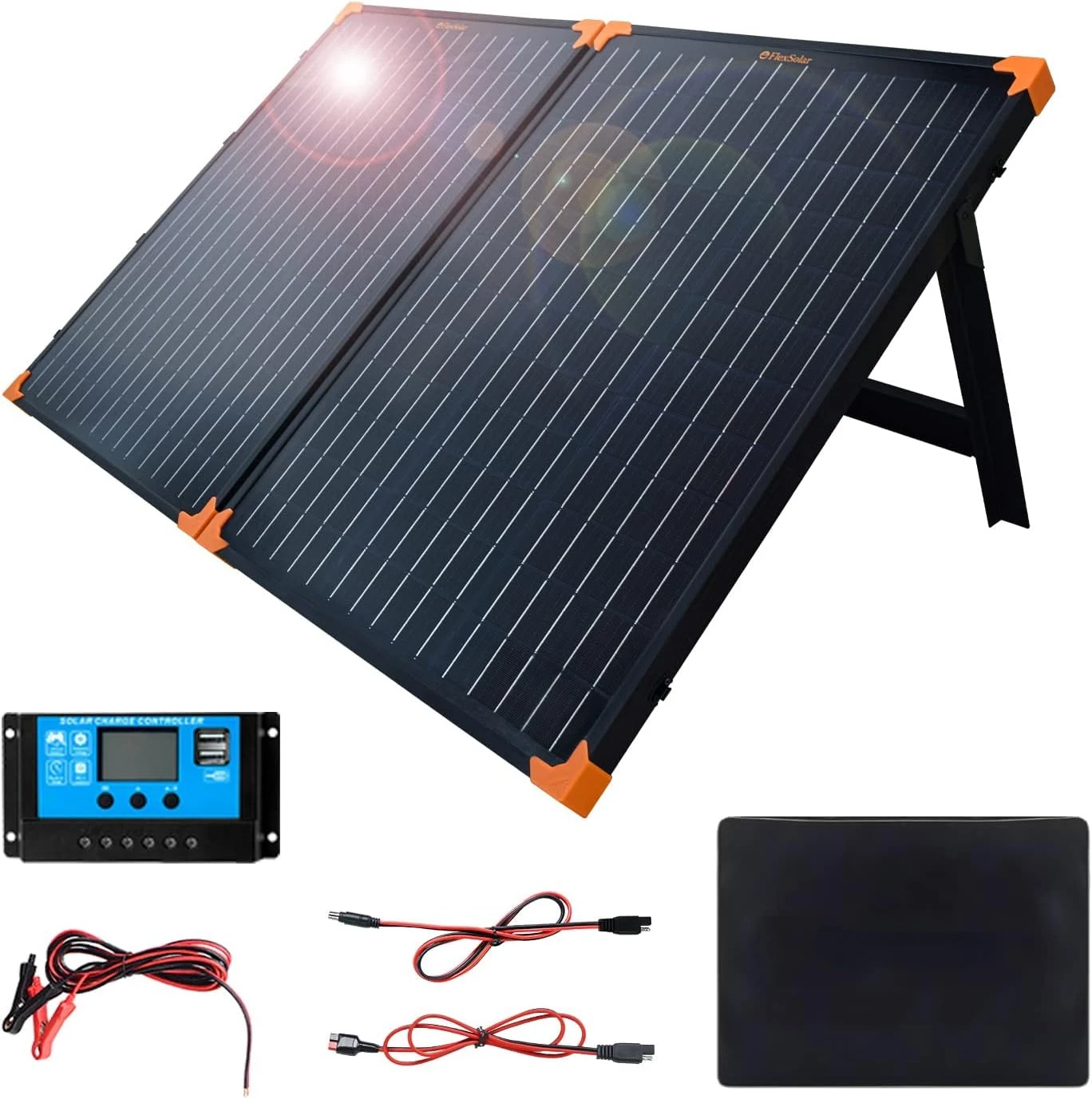 Solar Panel Charger with 20A PWM Charger Controller, SAE 8mmDC Anderson Output IP65 Waterproof Foldable Suitcase with Kickstand
