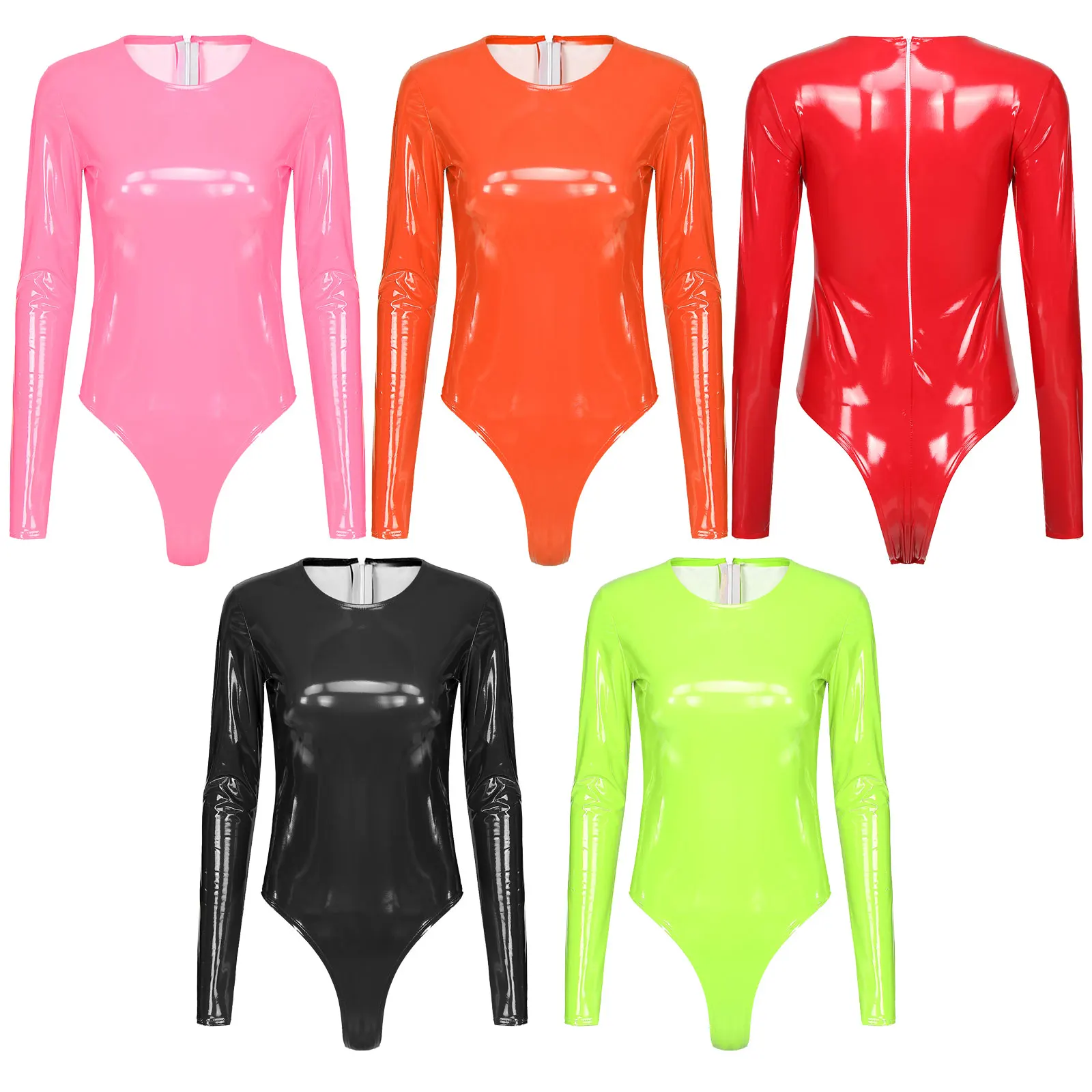 

Женское однотонное боди из лакированной кожи с длинным рукавом и высоким вырезом