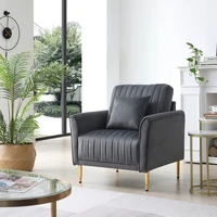Accent Chair Channel Tufted Velvet Round Arm Sofa Living Room Armchair Grey Soft Comfortable Accent Chair with Metal Legs