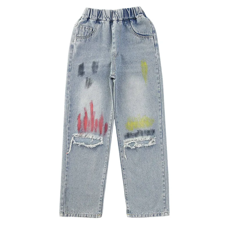 

Ripped Jeans for Girls 2023 Summer Casual Loose Thin Blue Wide Leg Jeans Kids Fashion All-match Elastic Waist Teen Child Pants