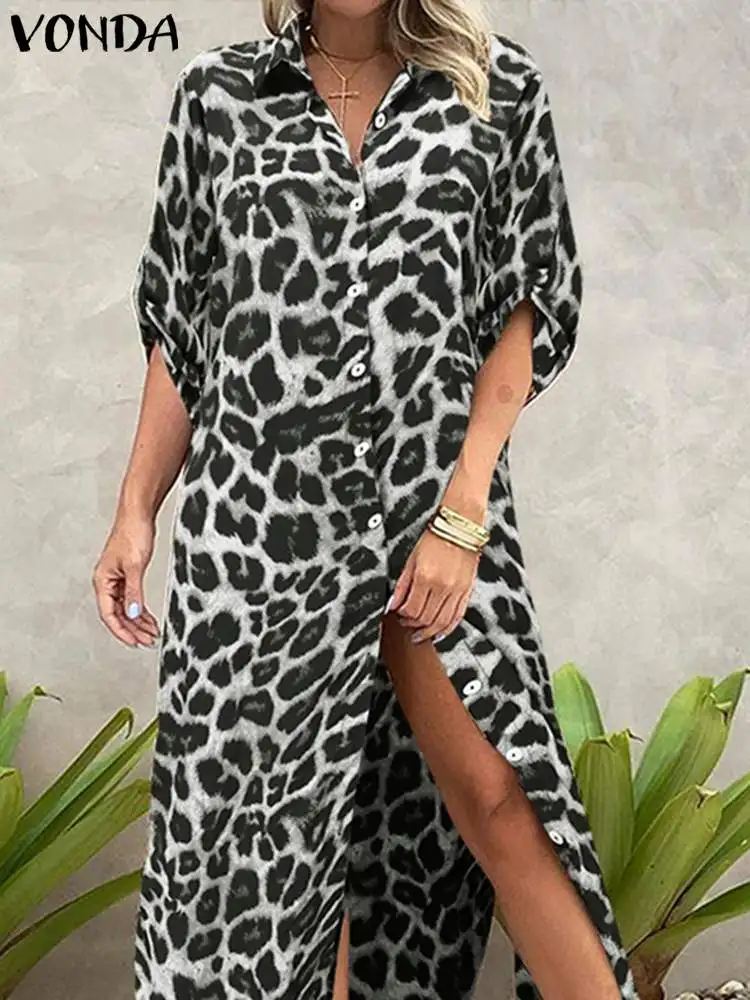

VONDA Women Vintage Leopard Printed Dress 2022 Casual Lapel Collar Long Sleeve Shirt Dress Robe Femme Casual Vestido Femininas