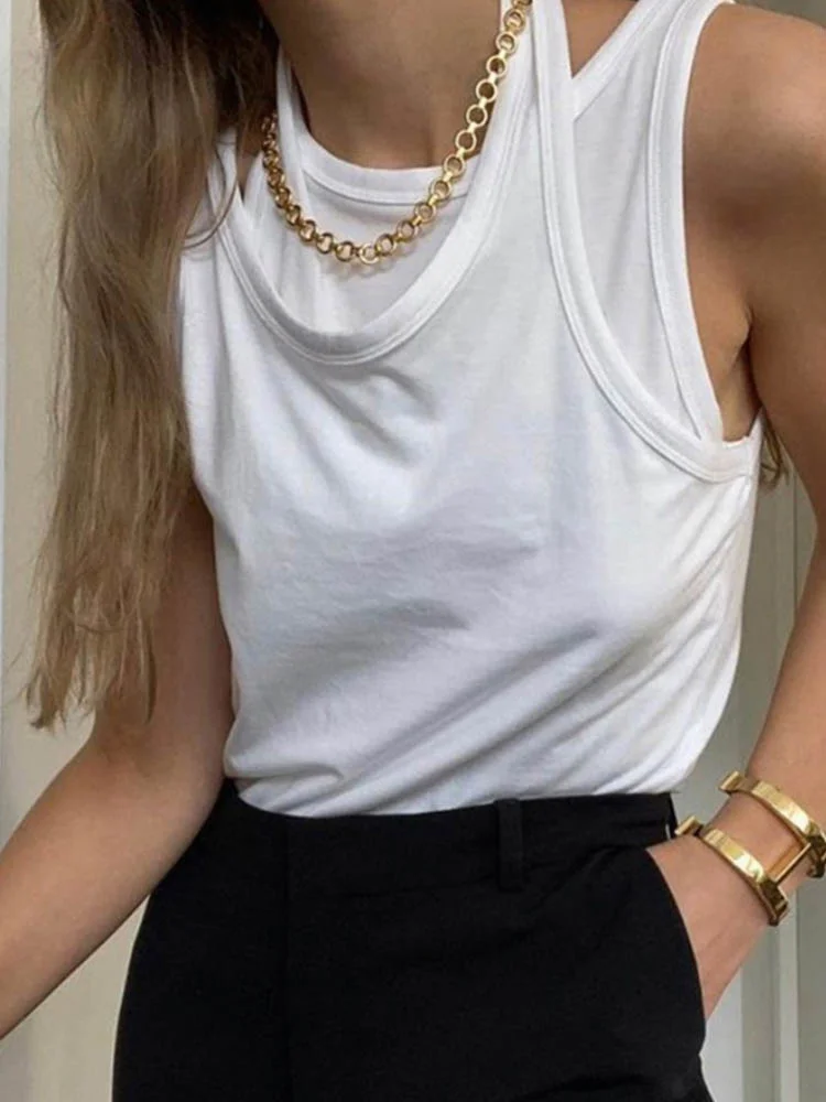 

Asymmetrical White Sexy Vest For Women Irregular Hem Sleeveless Fake Two Casual Vests Female Fashion New Clothing