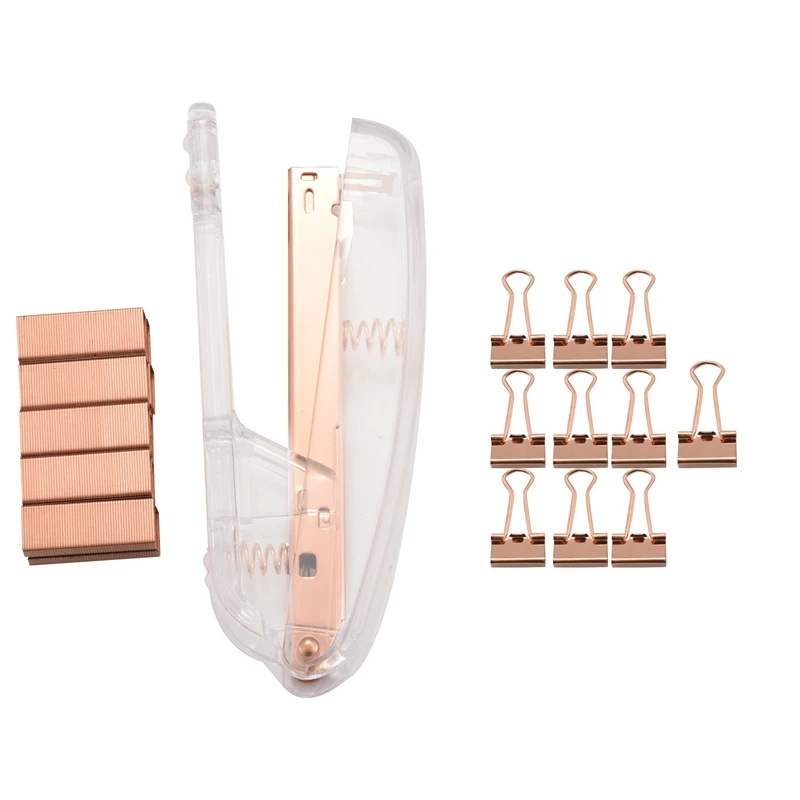 

Rose Gold Stapler Acrylic Desktop Stapler With 1000 PCS Rose Gold Staples And 10 Pieces Blinder Clips For Office School Home Acc