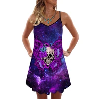 fashion skull butterfly floral pattern spaghetti strap dress for women casual sleeveless dresses knee length beach dresses