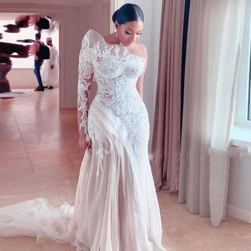 

Retro Lace Long Sleeves Mermaid Wedding Dresses Saudi Arabia Illusion Pleat Garden Bridal Gowns 2022 Vestido De Novia