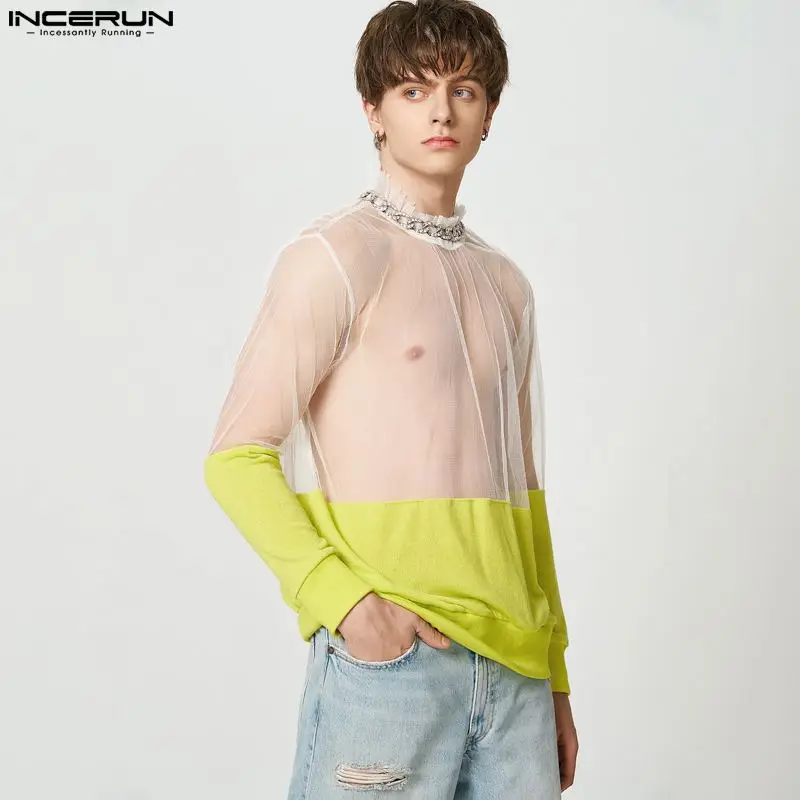 

INCERUN Tops 2023 American Style Fashion Men See-through Mesh T-shirts Casual Party Stitching Knit Bottoming Thin Camiseta S-5XL