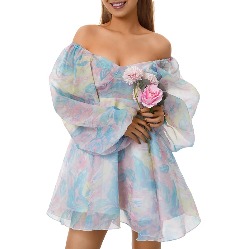 

Women Sweet Dress Girl Multicolor Print Scoop Collar Long Raglan Sleeve A-Line Skirt with Inner Lining 2022 New Spring Clothing