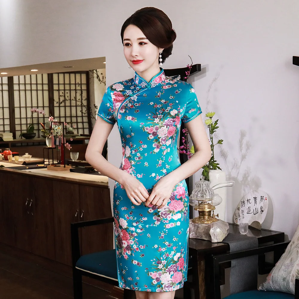 

Mandarin Collar Lady Classic Chinese Style Dress Vintage Short Sleeve Women Qipao Novelty Rayon Cheongsam Big Size Vestidso