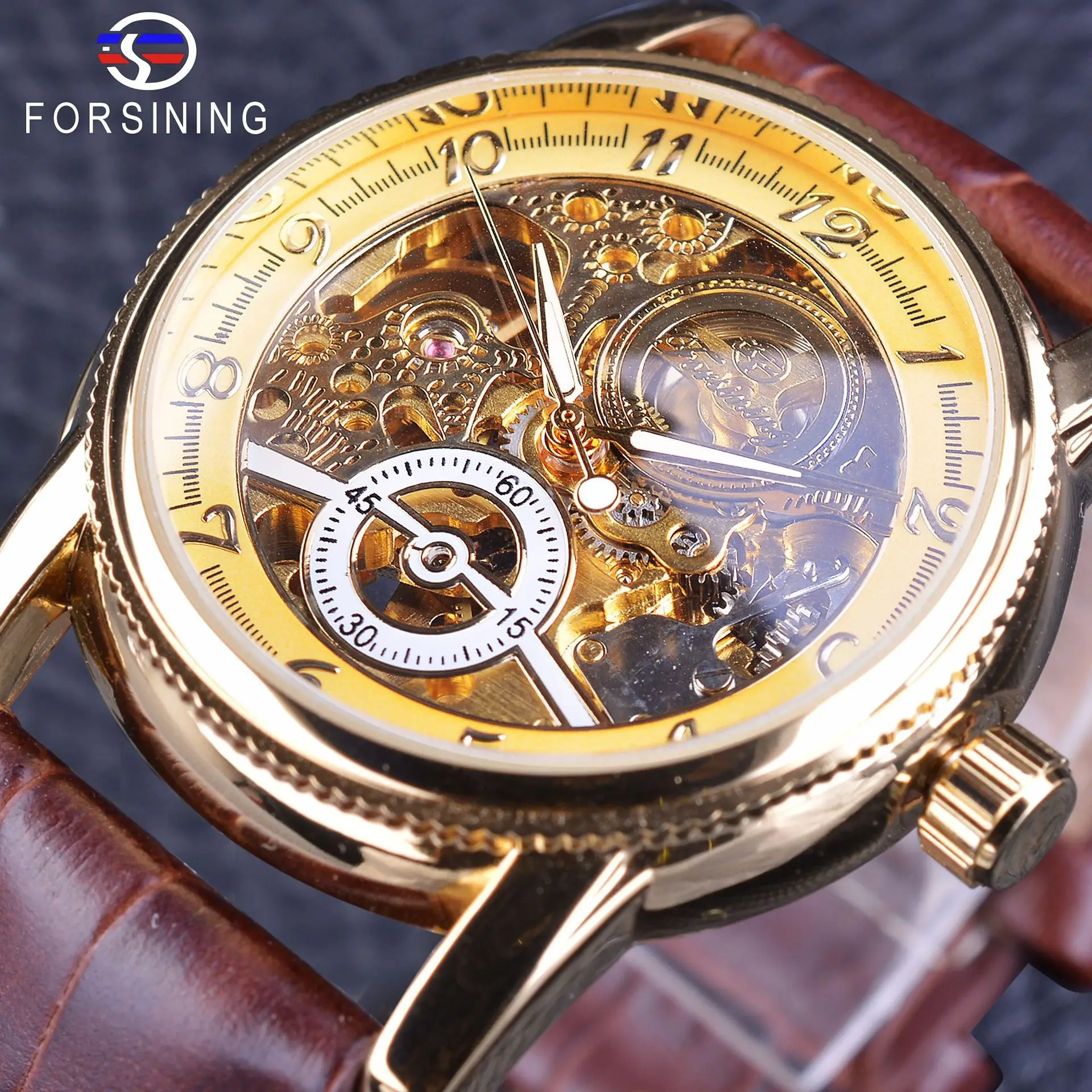 

Роскошные золотистые Дизайнерские мужские часы с коричневым кожаным ремешком с вырезами Механические Прозрачные часы-скелетоны от бренда Winner