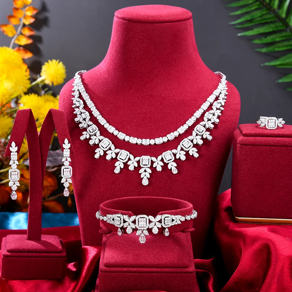 

missvikki 4PCS Shiny Luxury Necklace Bangle Earrings Ring Jewelry Set Brides Wedding Jewellery Full CZ New Charm High Quality