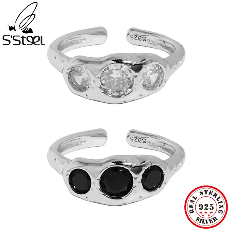 

S'STEEL Irregular Design Zircon Texture S925 Sterling Silver Adjustable Rings Jewelry For Women 2022 Luxury Brands Accessories