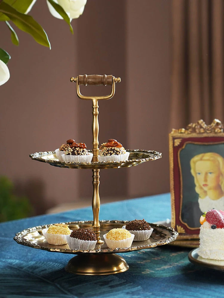 

Indian Imported Brass Double-Layer Tray European Retro Style Luxury Cake Plate With Wooden Handle Fruit Dessert Plate For Party
