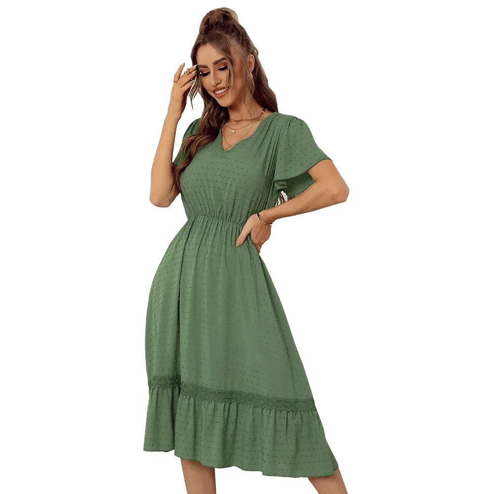 

2022NEW European And American V-neck Sexy Dress 2022 Summer New Green Temperament Skirt