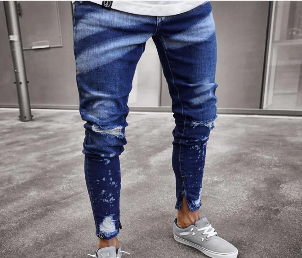 2023 New Fashion Painted Hole Ripped Skinny Jeans Men wash Solid Trouser Hip Hop Casual Slim Fit Pencil Denim Pants