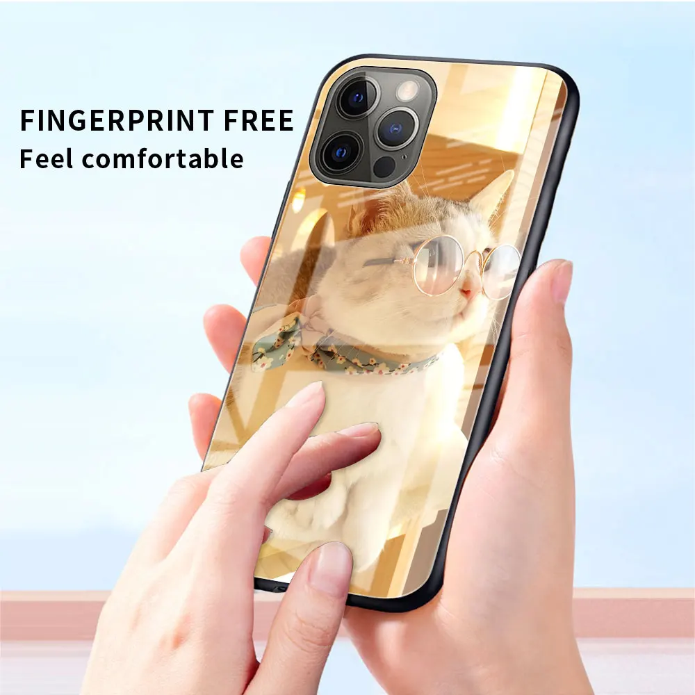 Cute Cat Cartoon Glass Case For Apple iPhone 14 13 Pro 11 12 7 8 Plus SE 2022 XR X XS Max 6 6S Tempered Phone Cover images - 6