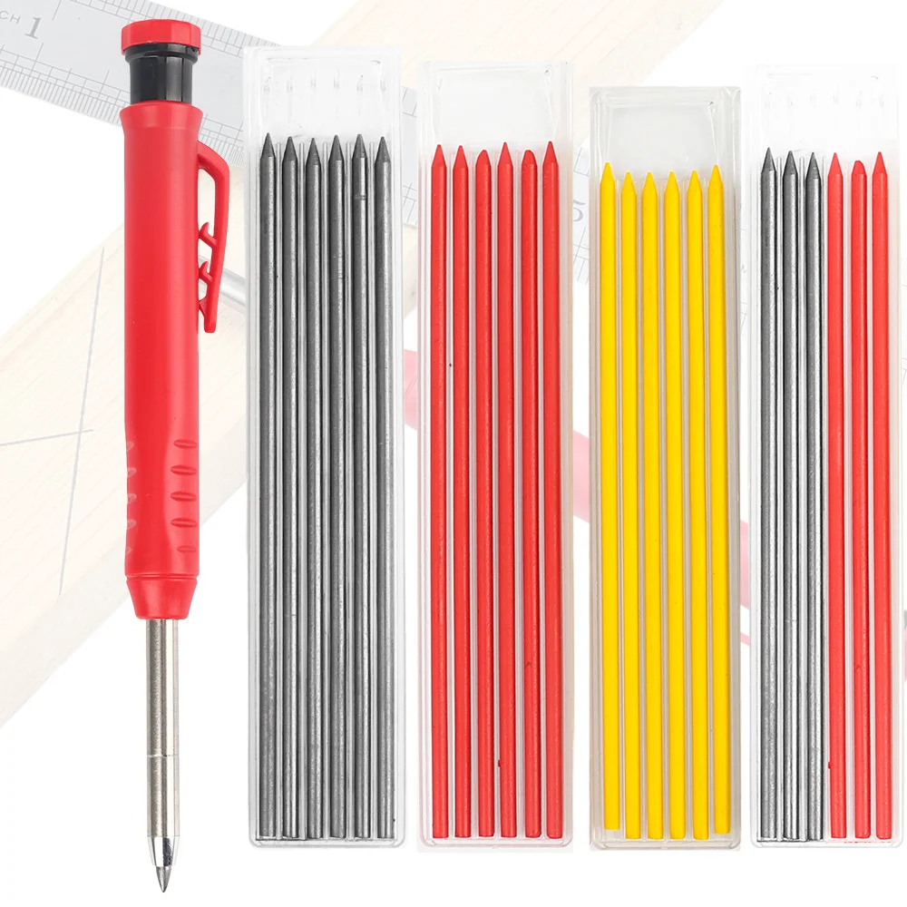 

Solid Carpenter Pencil Set Built-in Sharpener with 6 Refill Leads Mechanical Pencil Marking Tool Kit for Woodworking Architect