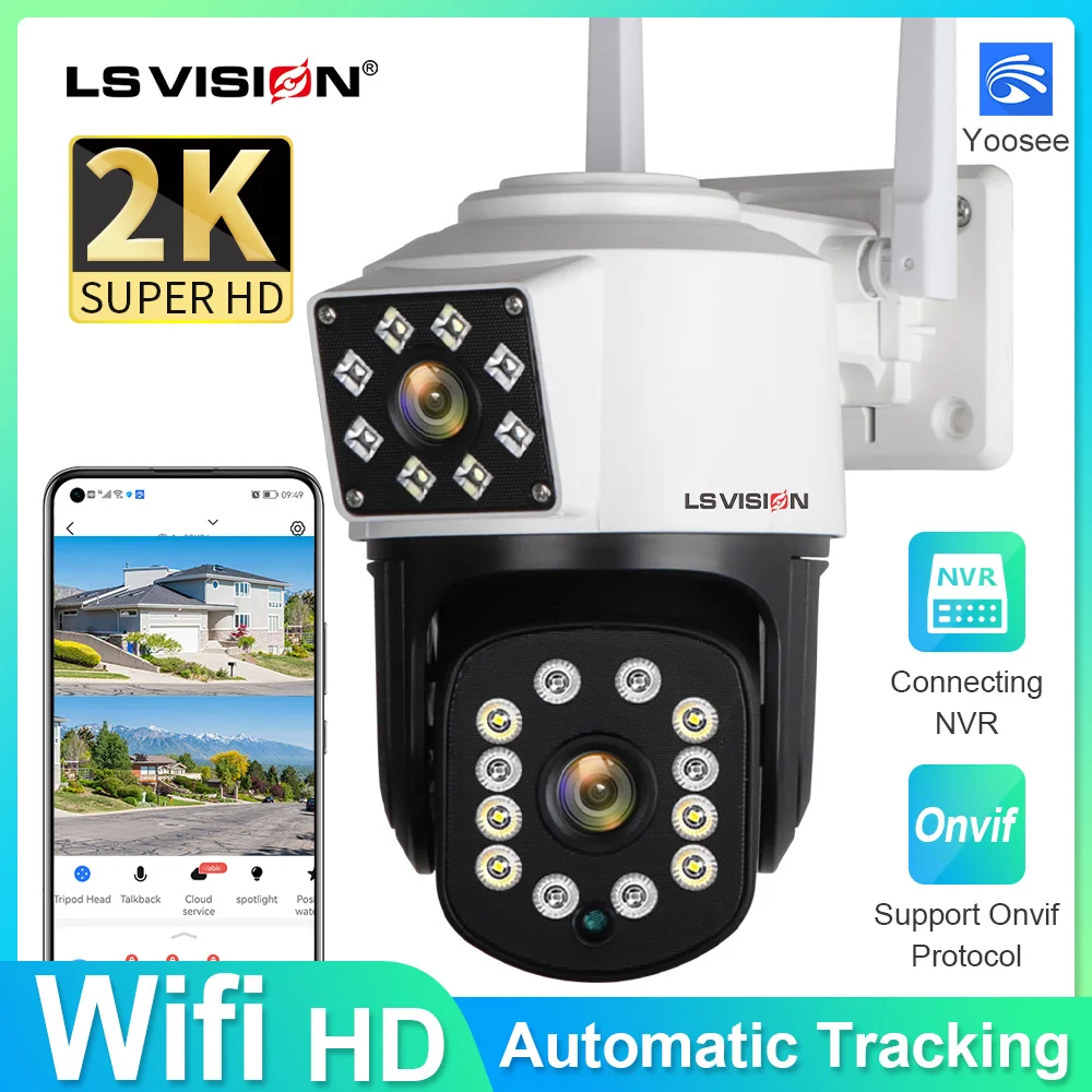 

LS VISION Wifi Surveillance Cameras 2K 4MP IP CCTV Outdoor Wireless Security Camera 2 Screen See By Mobile PC NVR Auto Tracking
