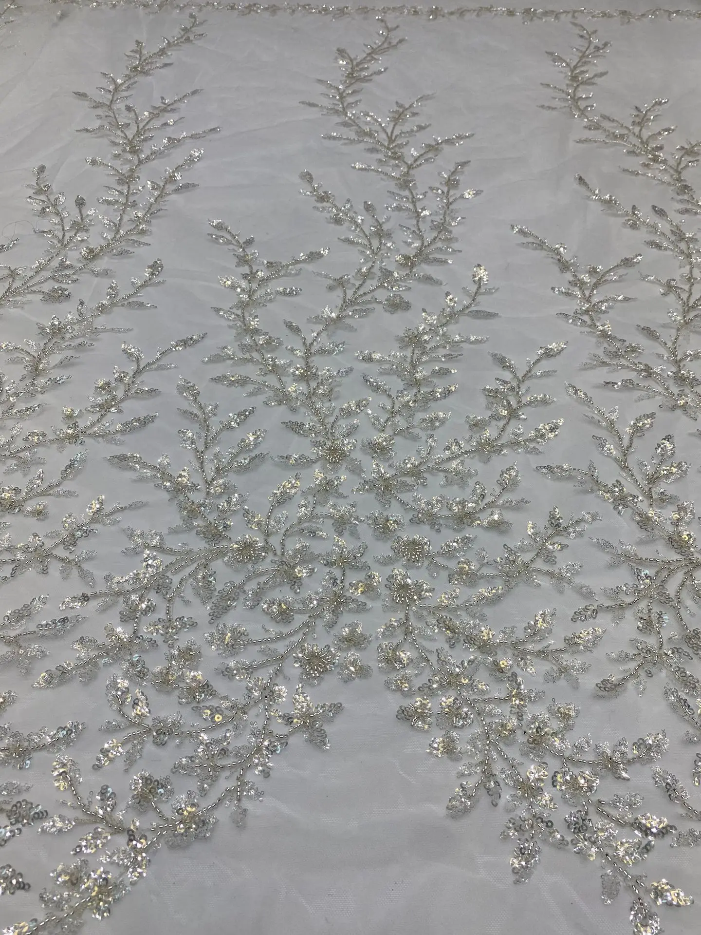 

1 ярд, серебристая сетчатая кружевная ткань с бисером для свадебного платья, новинка 2023, роскошное платье